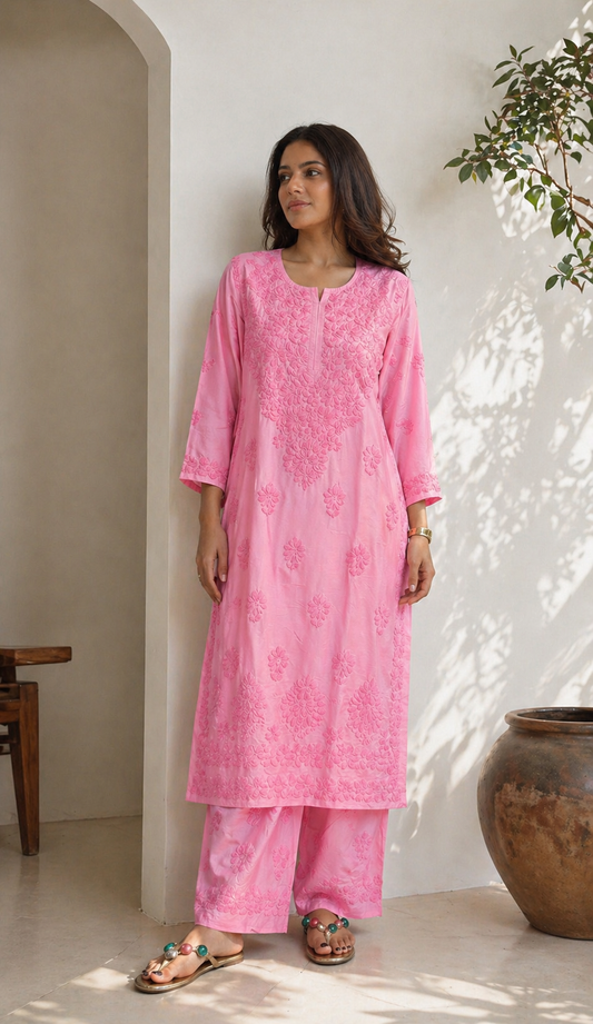 Meher Hand Embroidered Chanderi Caramel Chikankari Kurta Set
