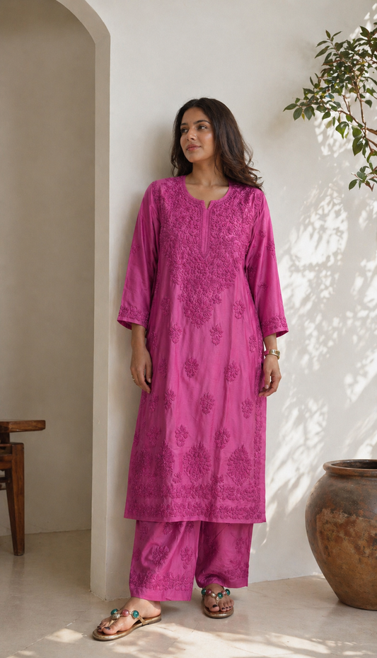 Zoya Hand Embroidered Chanderi Caramel Chikankari Kurta Set