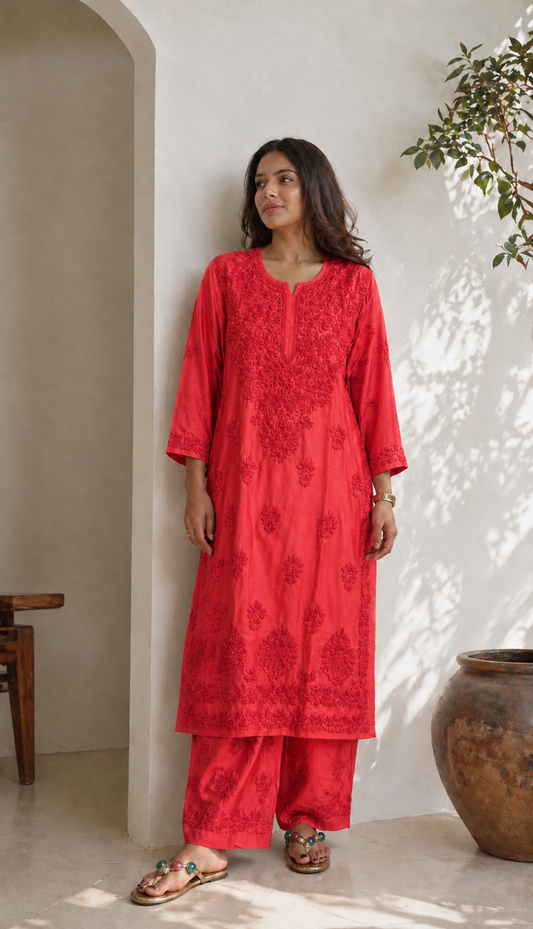 Aafreen Hand Embroidered Chanderi Caramel Chikankari Kurta Set