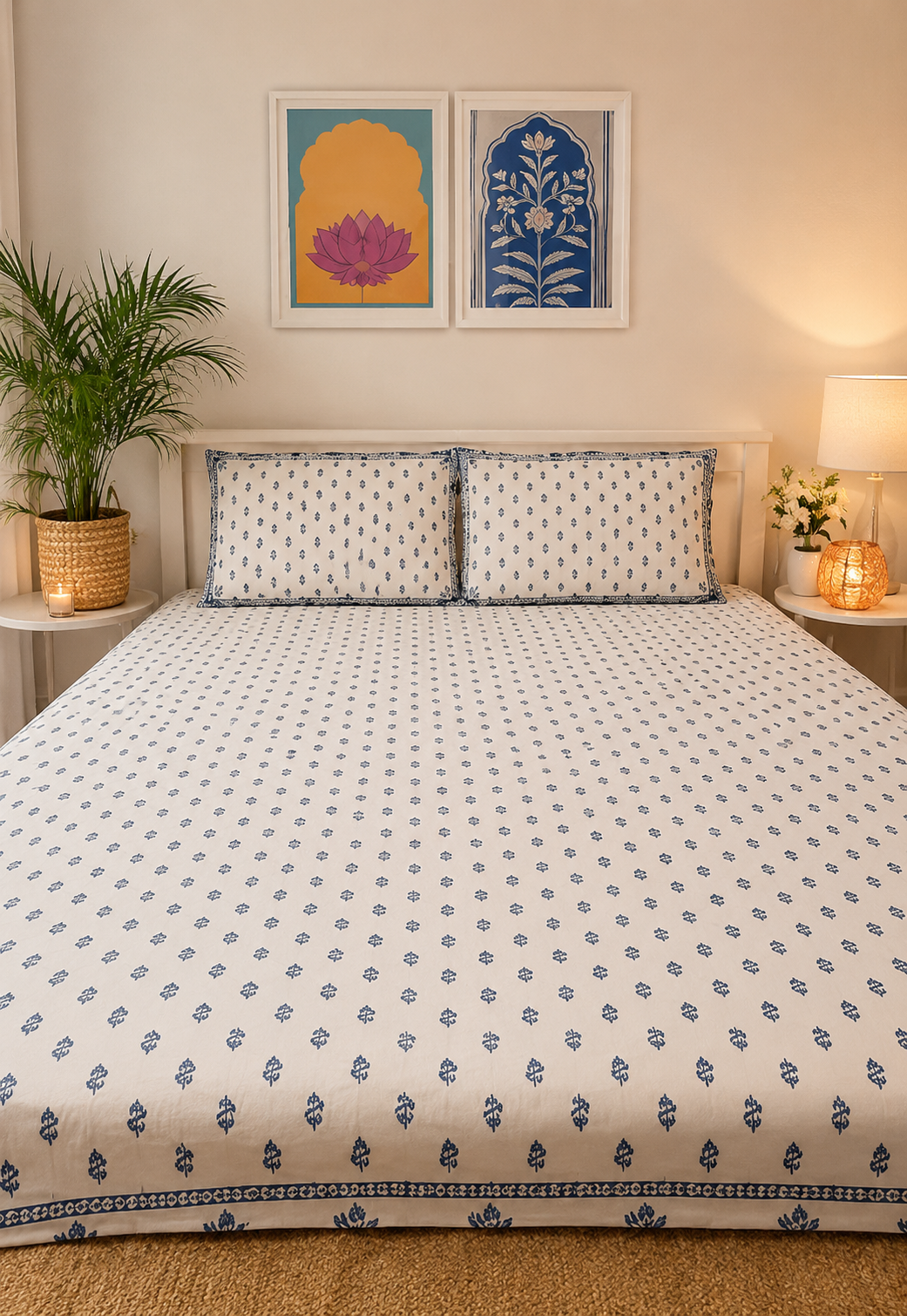 Miniature Buti- White & Blue King Size 100% Cotton Handblock Print Bedsheet
