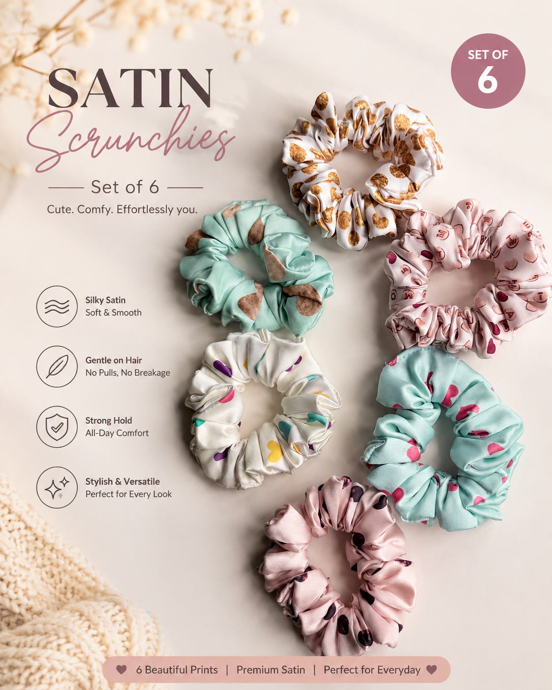 Set of 6 Satin scrunchies