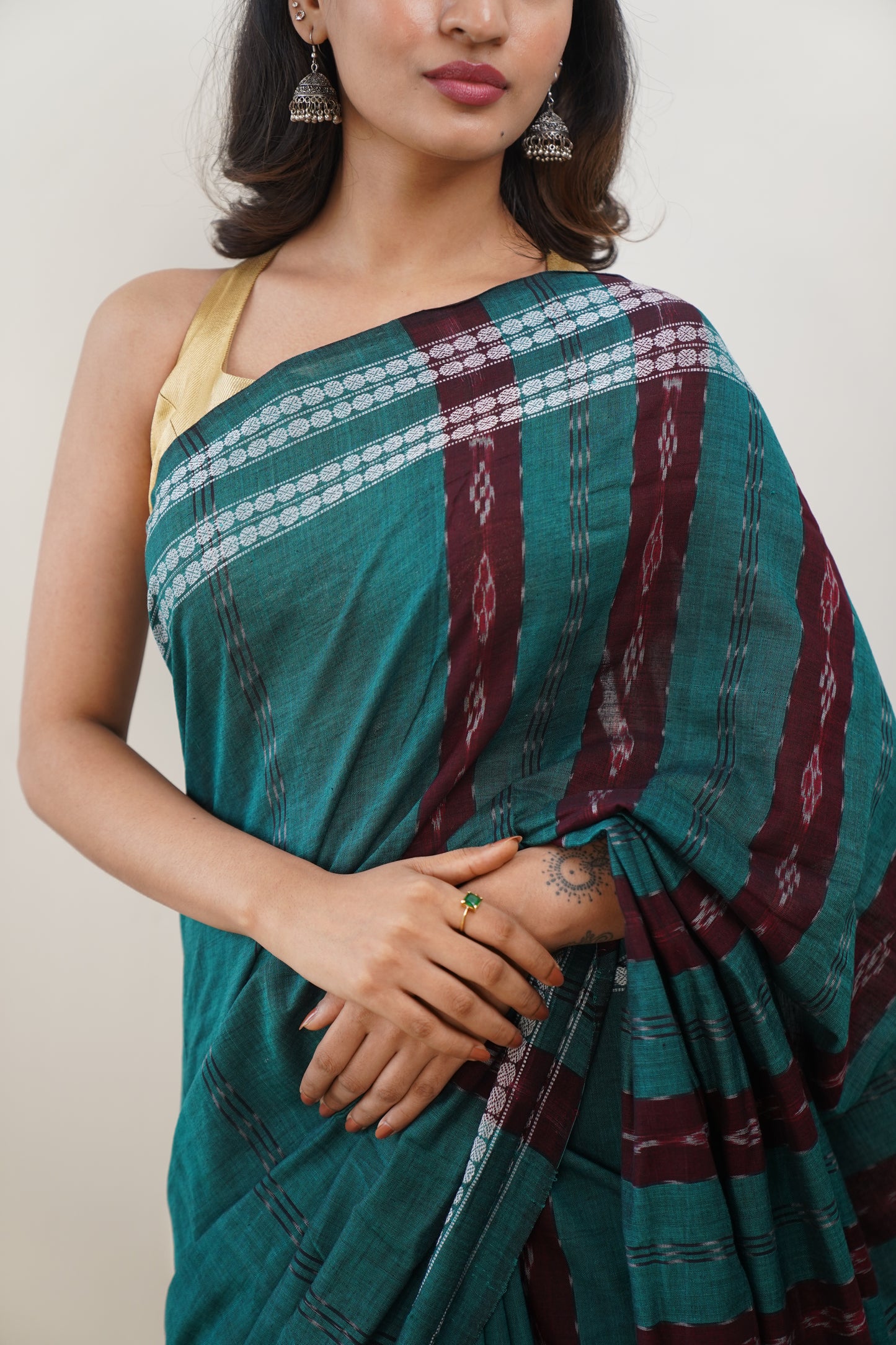 Pine Green and Burnt Burgundy Sambalpuri Cotton Saree