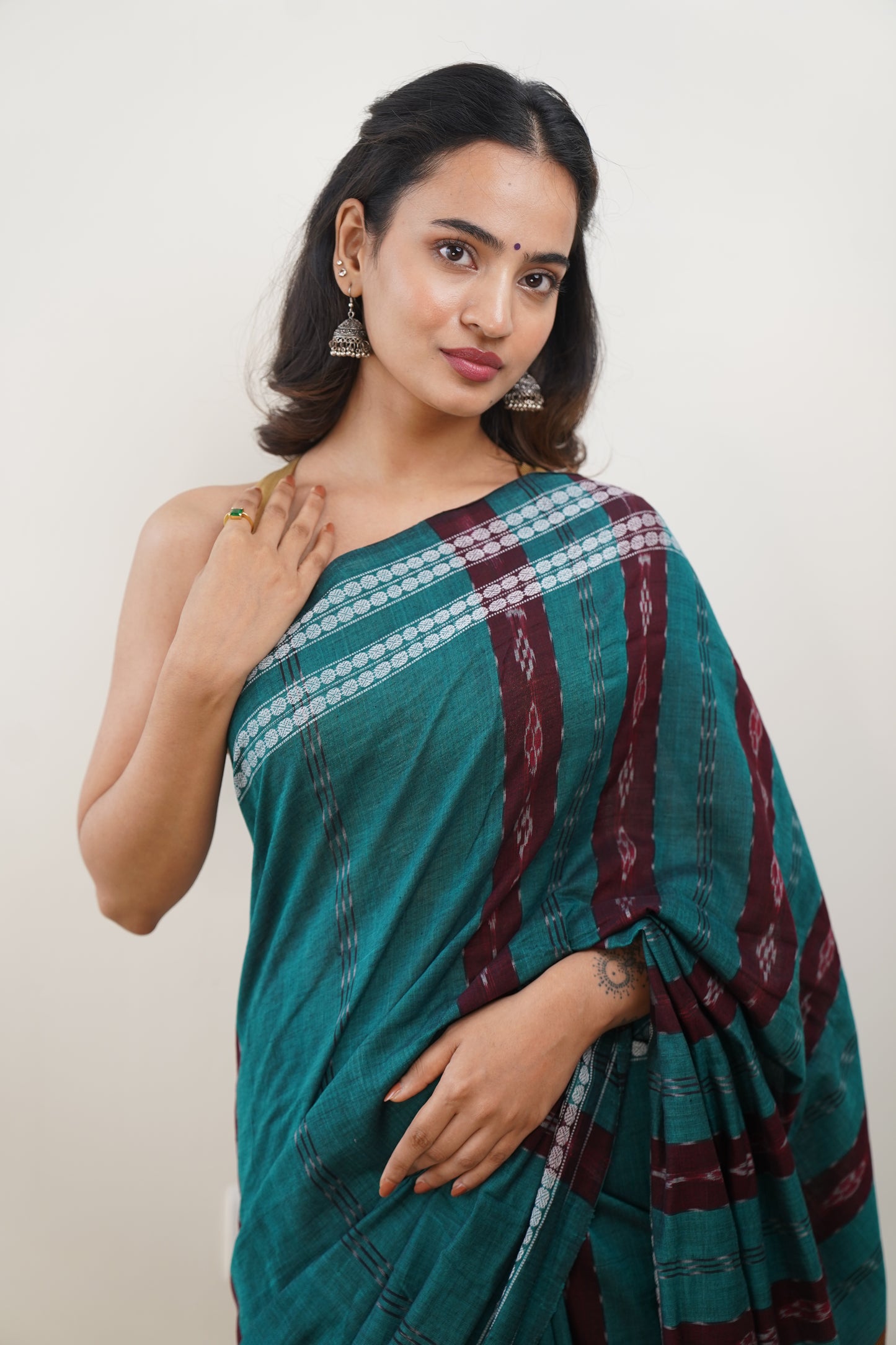 Pine Green and Burnt Burgundy Sambalpuri Cotton Saree