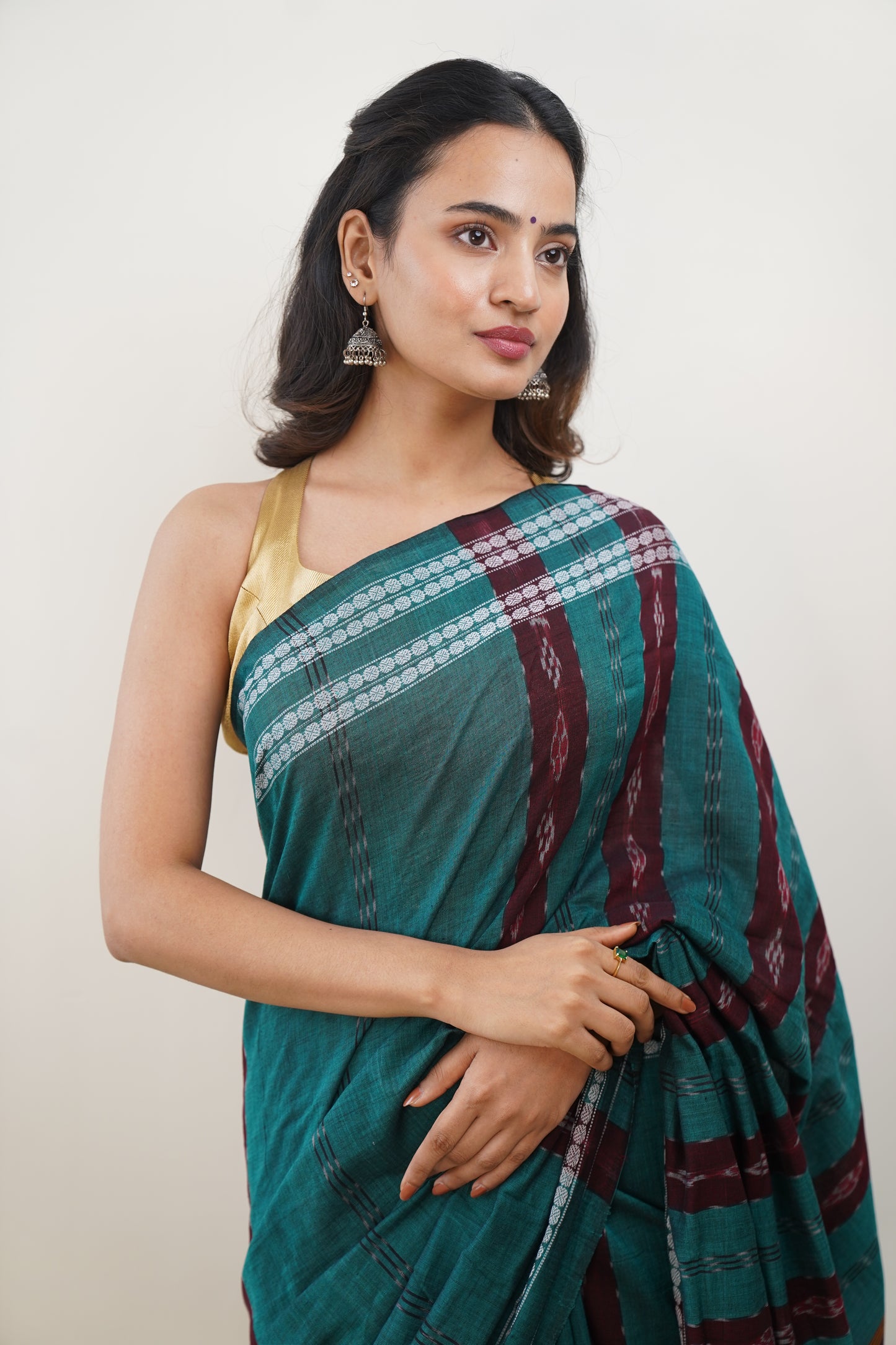 Pine Green and Burnt Burgundy Sambalpuri Cotton Saree