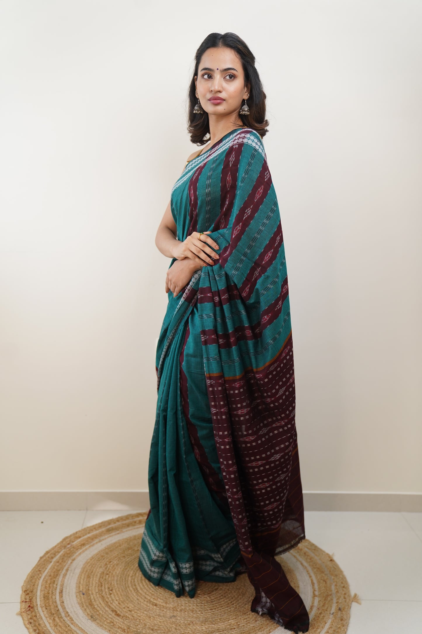 Pine Green and Burnt Burgundy Sambalpuri Cotton Saree