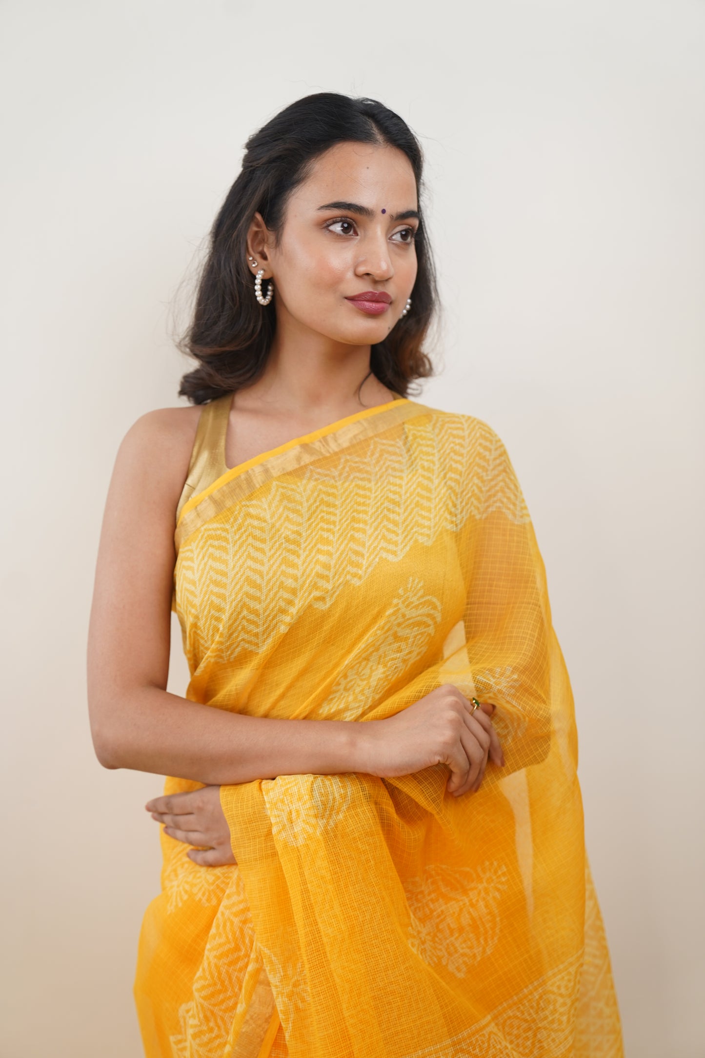 Turmeric Yellow Kota Doria Handblock Print Saree