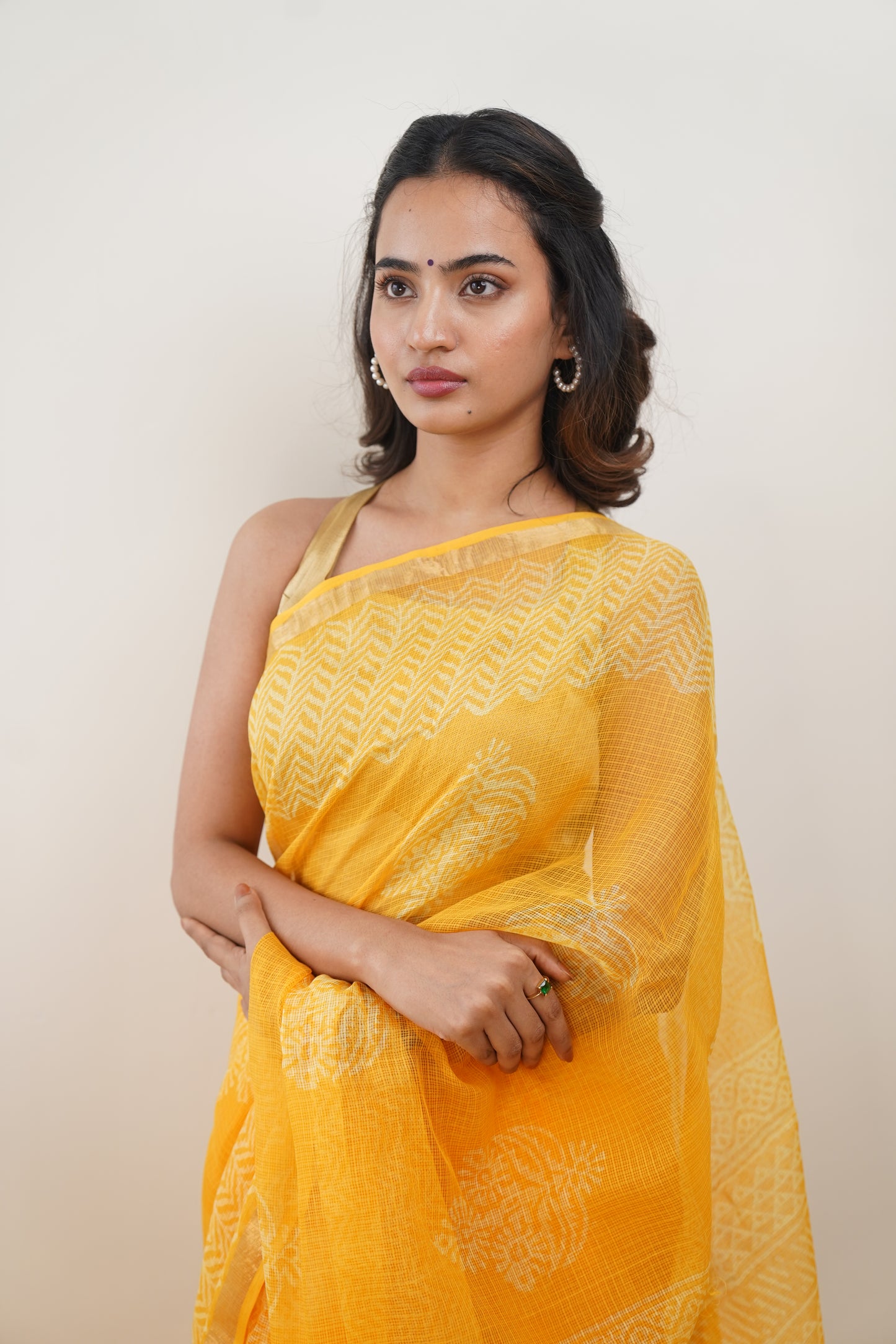 Turmeric Yellow Kota Doria Handblock Print Saree