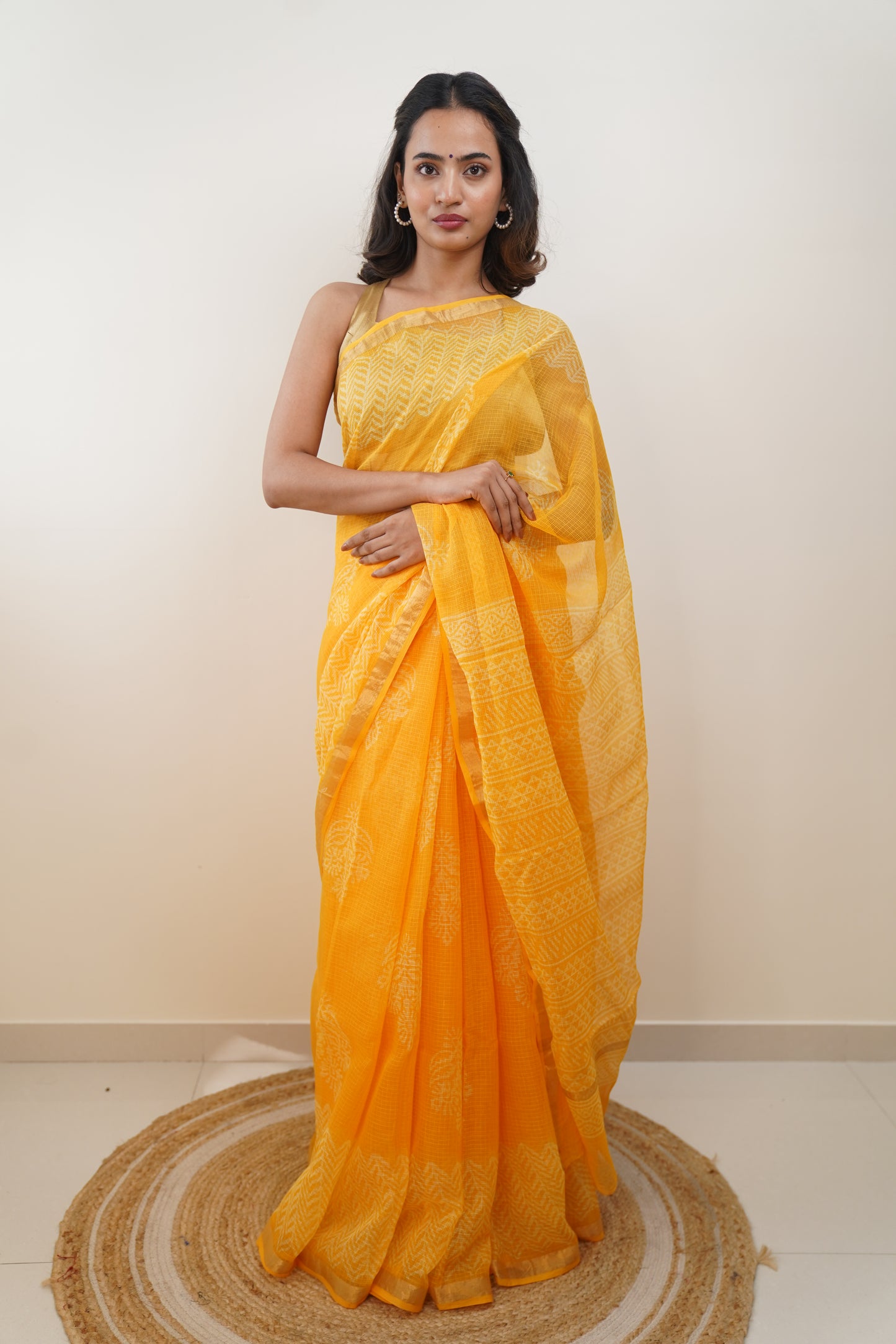 Turmeric Yellow Kota Doria Handblock Print Saree