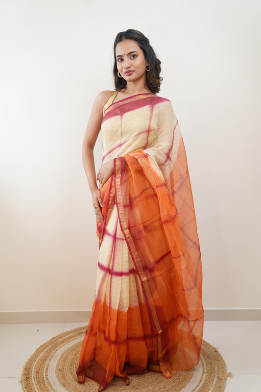 Dark Cream and Pink Kota Doria Saree
