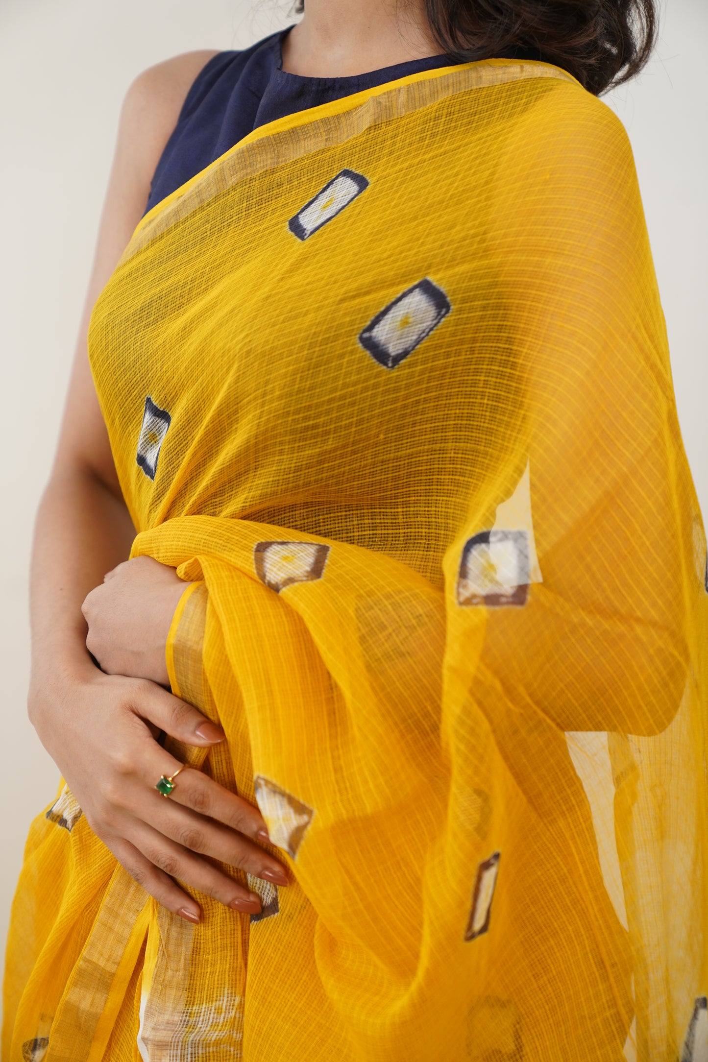 Honey Yellow Kota Doria Bandej Print Saree