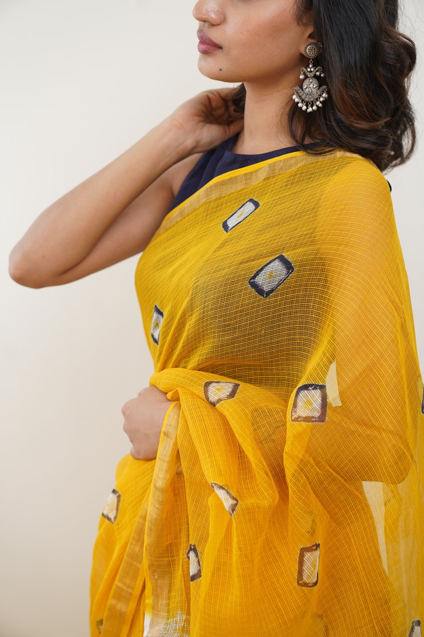 Honey Yellow Kota Doria Bandej Print Saree