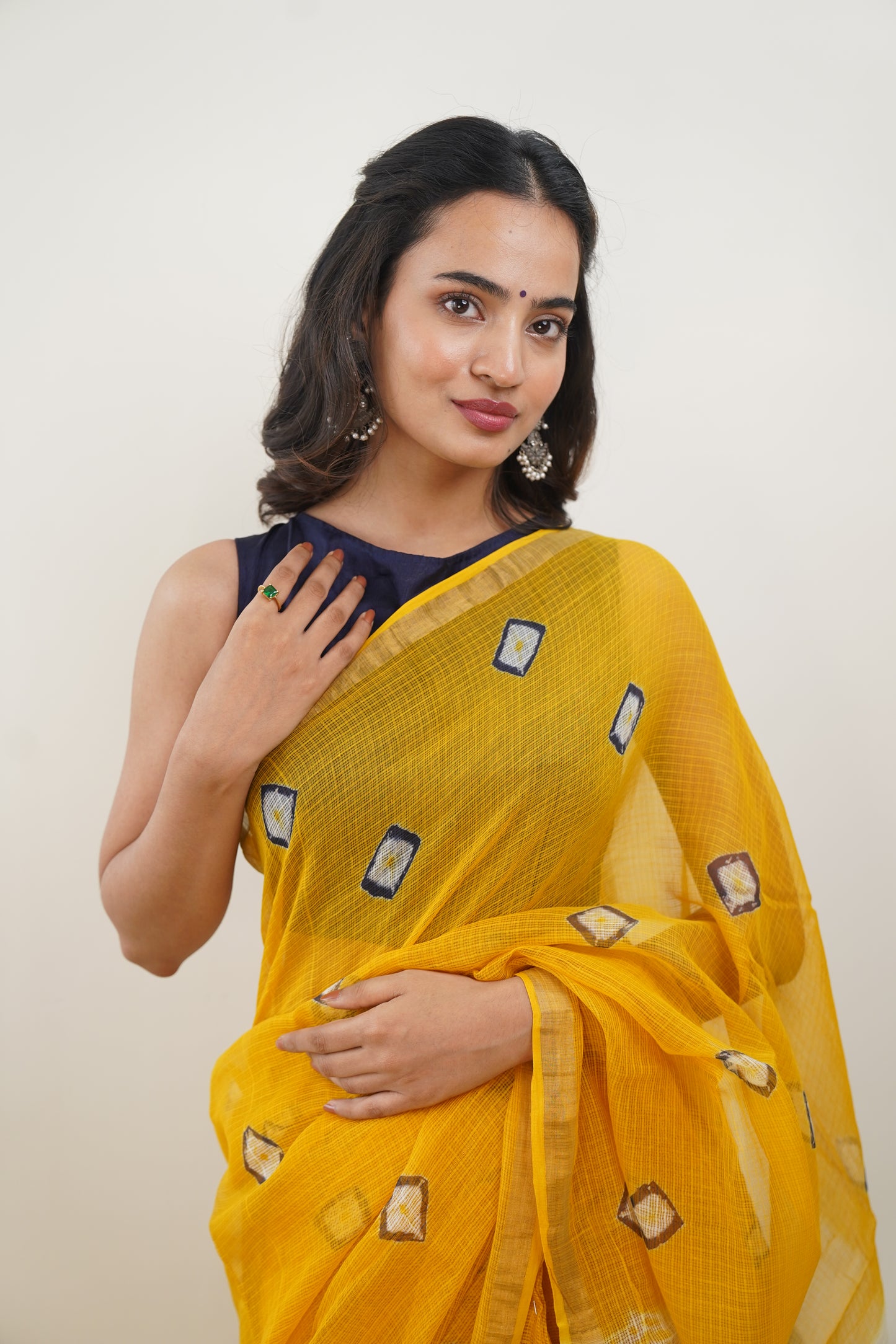 Honey Yellow Kota Doria Bandej Print Saree