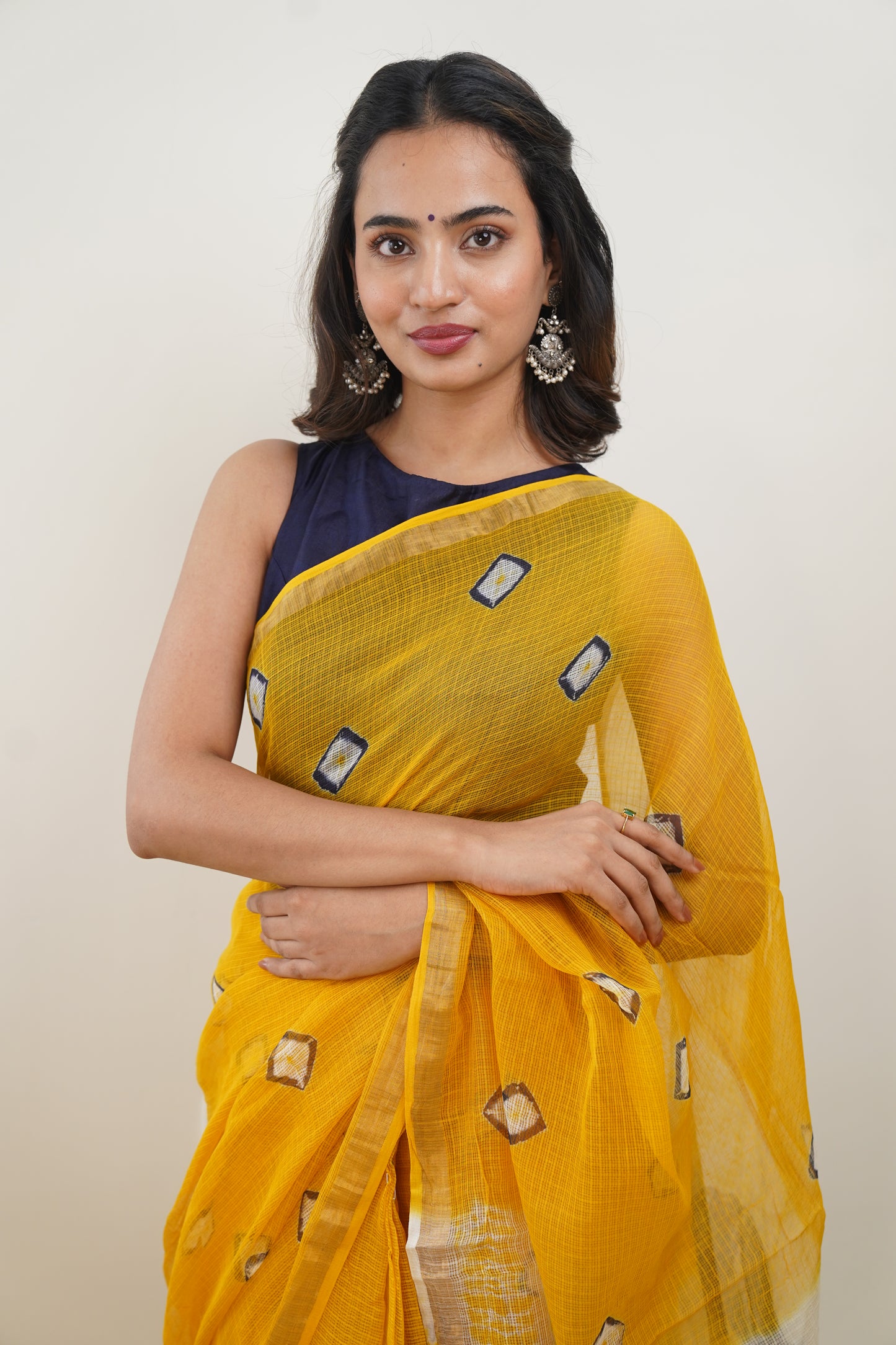 Honey Yellow Kota Doria Bandej Print Saree