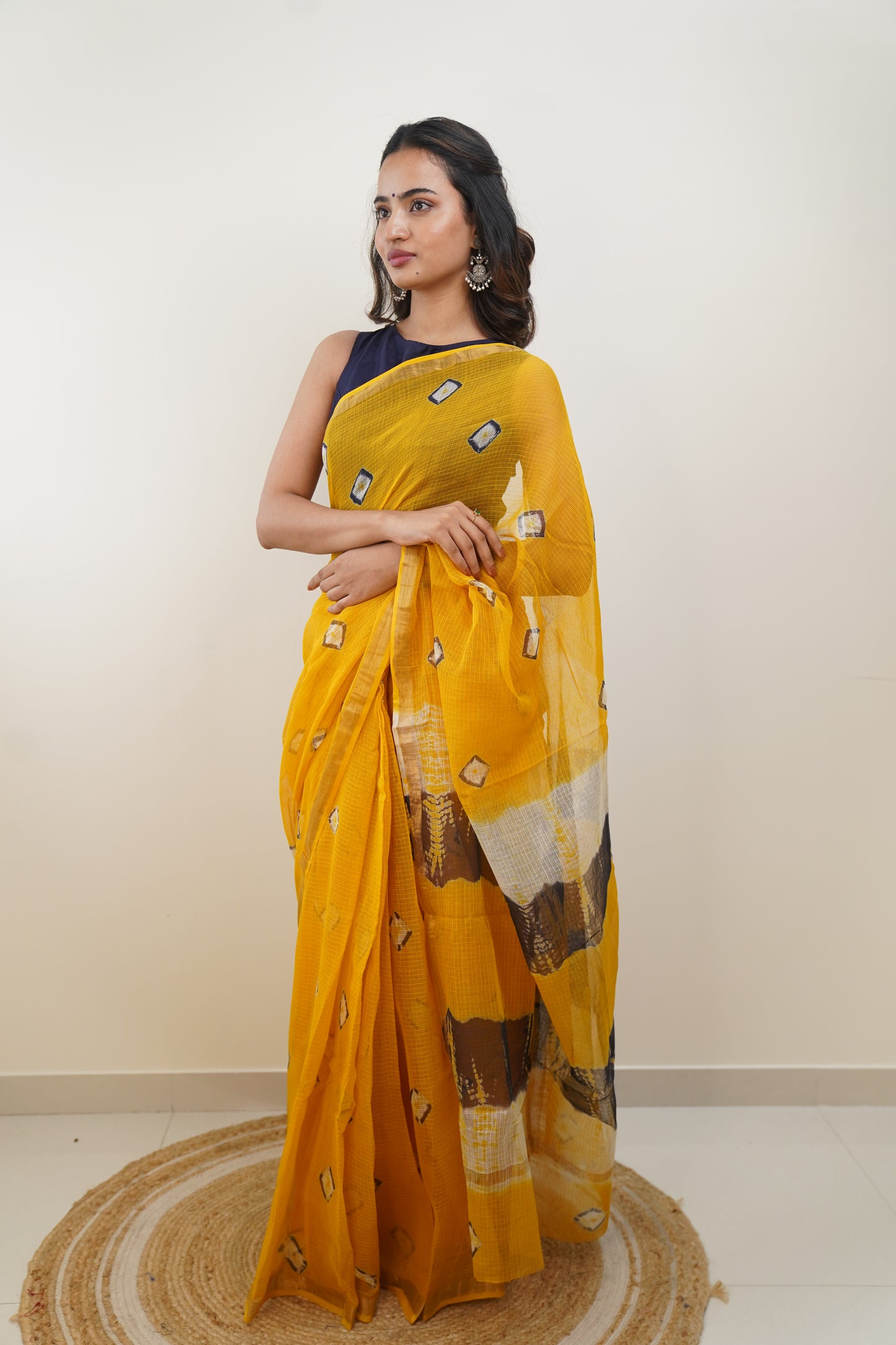 Honey Yellow Kota Doria Bandej Print Saree