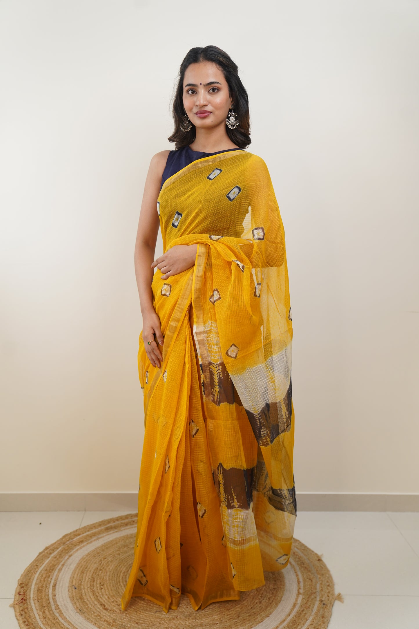 Honey Yellow Kota Doria Bandej Print Saree