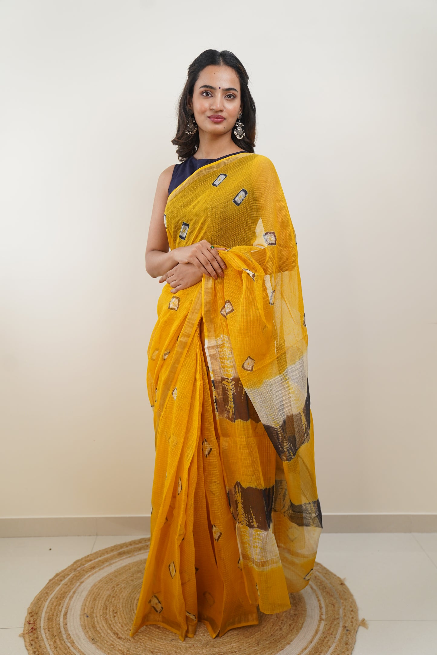 Honey Yellow Kota Doria Bandej Print Saree