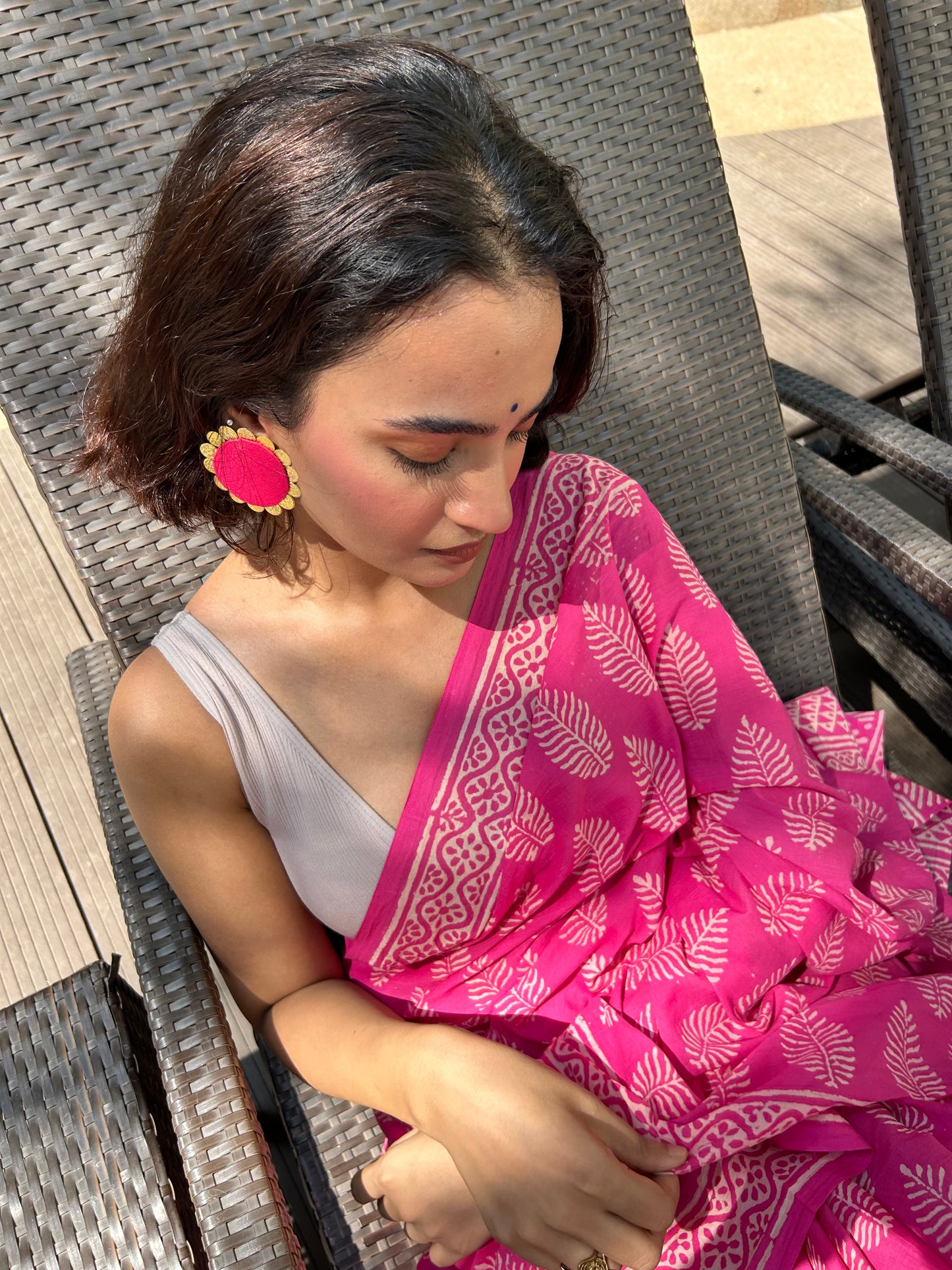 Pink Mul Cotton Handblock Print Saree