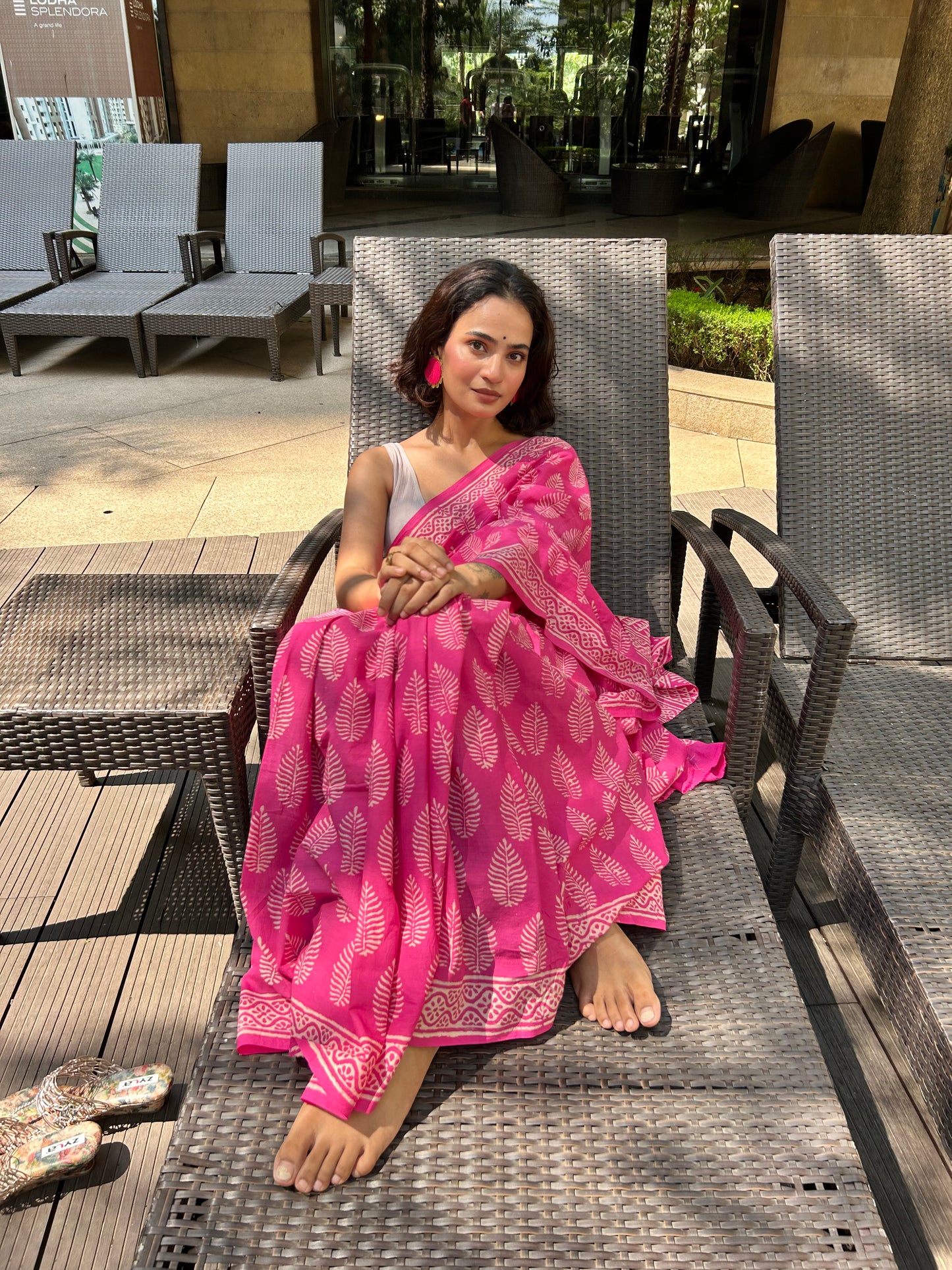 Pink Mul Cotton Handblock Print Saree