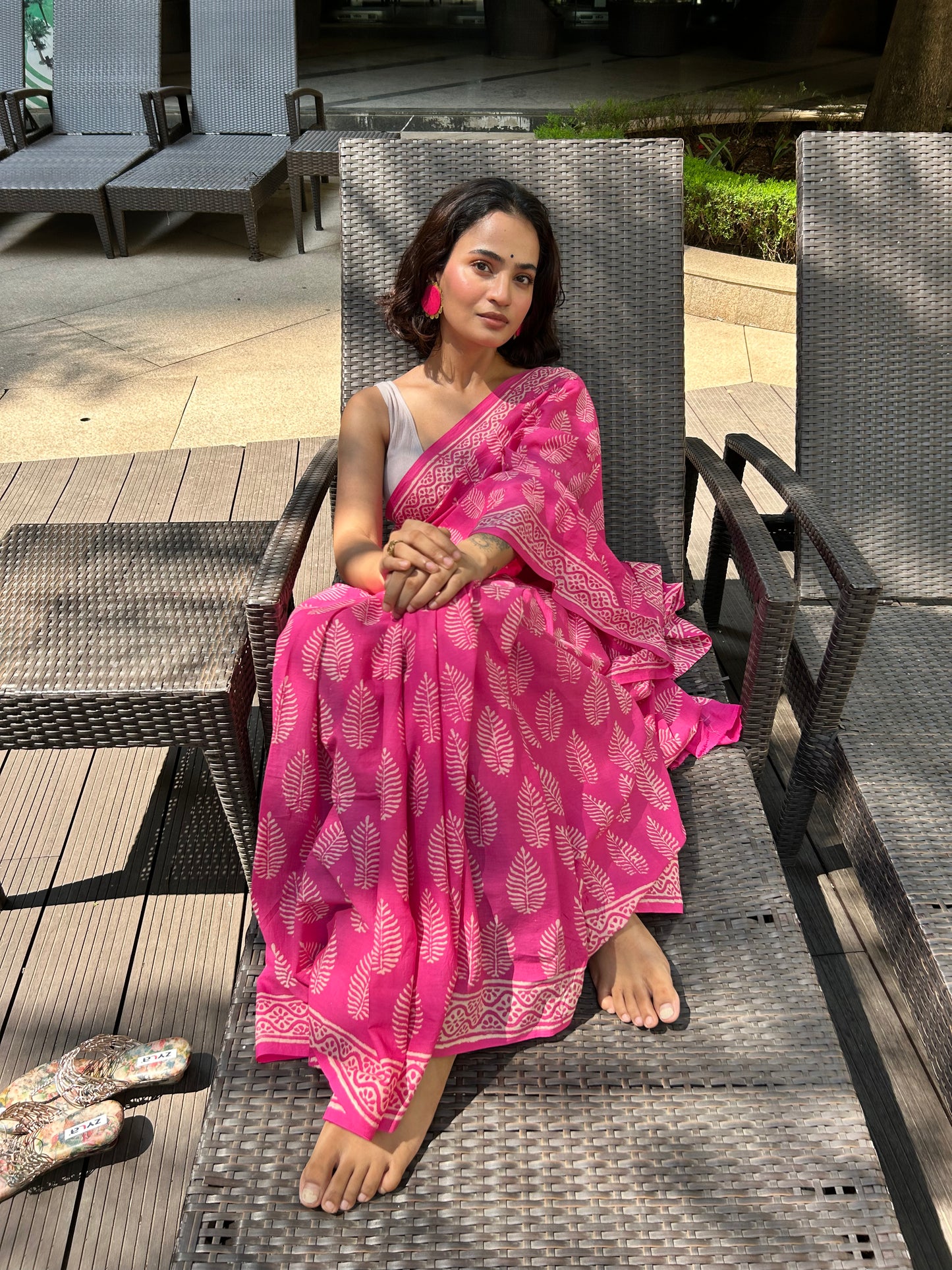 Pink Mul Cotton Handblock Print Saree