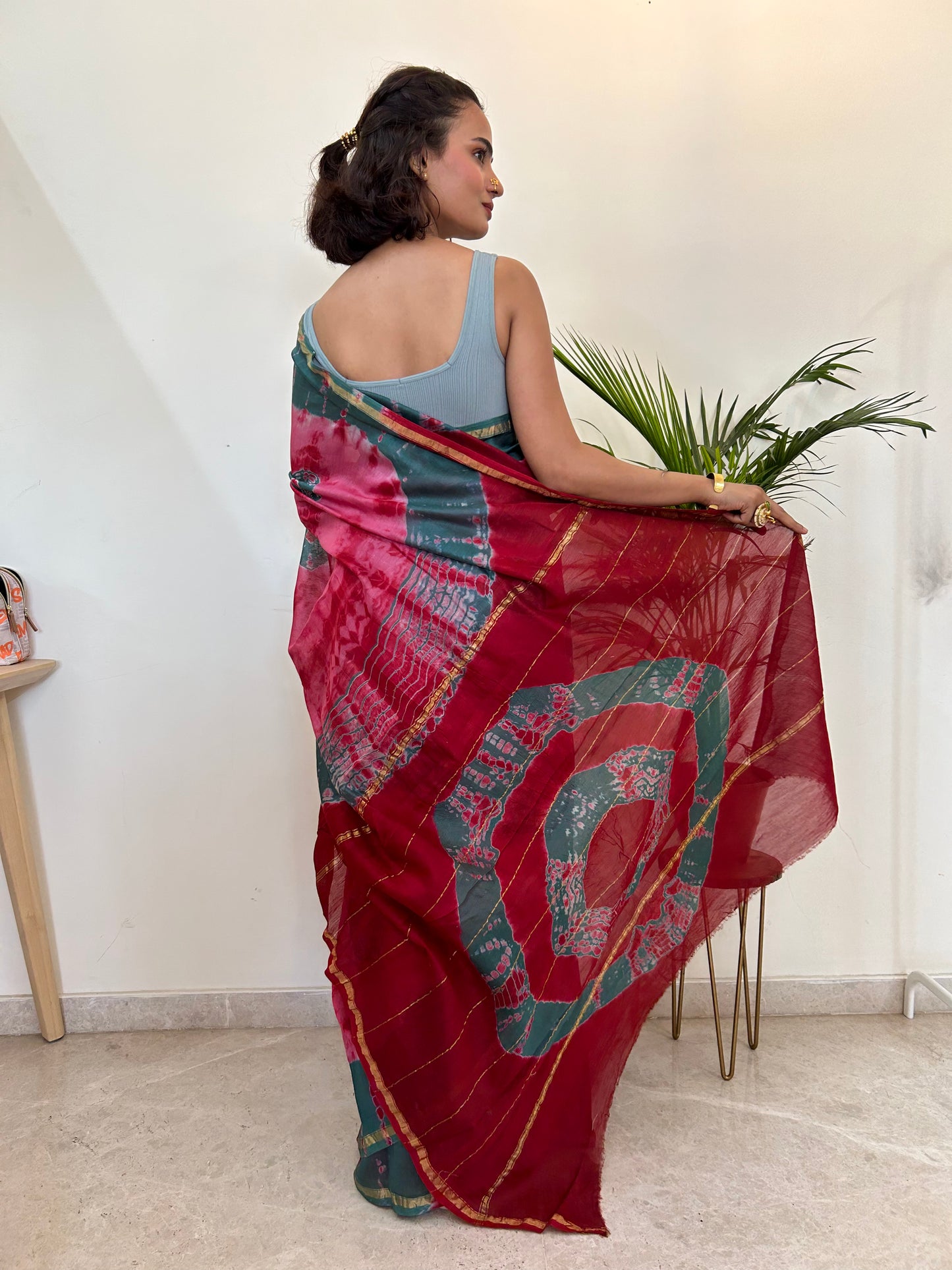 Pink and Pine Green Tie-Dye Cotton and Silk Chanderi Saree