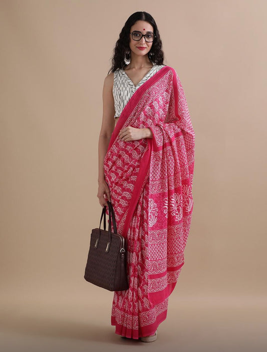 Pink Blossom Handblock Cotton Saree