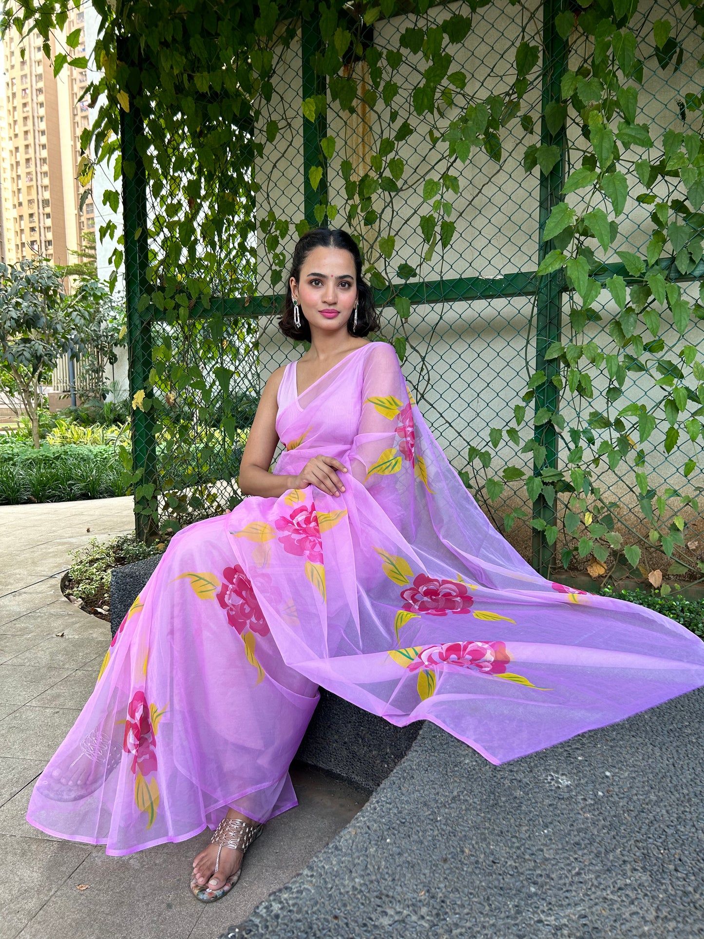 Neon Pink Organza Handpainted Saree