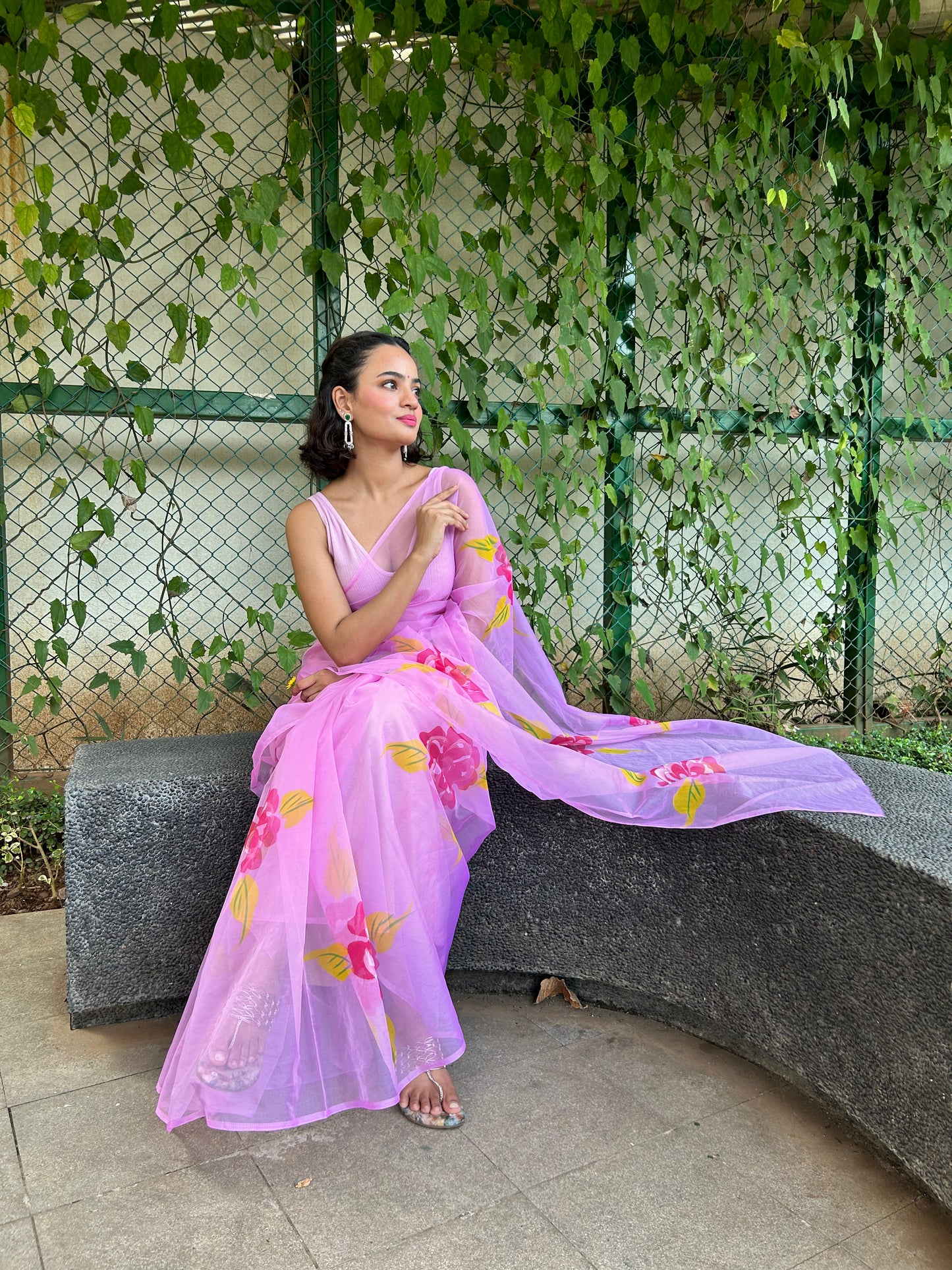 Neon Pink Organza Handpainted Saree