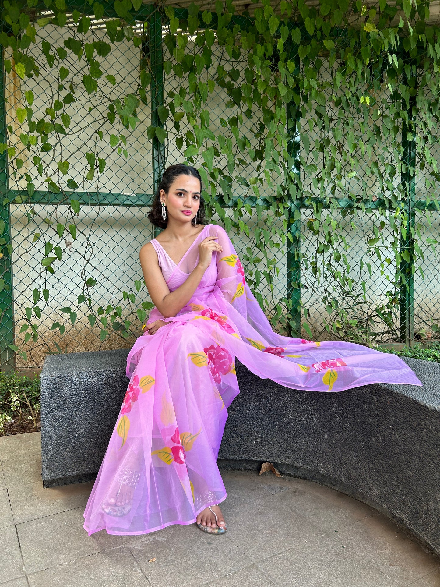 Neon Pink Organza Handpainted Saree