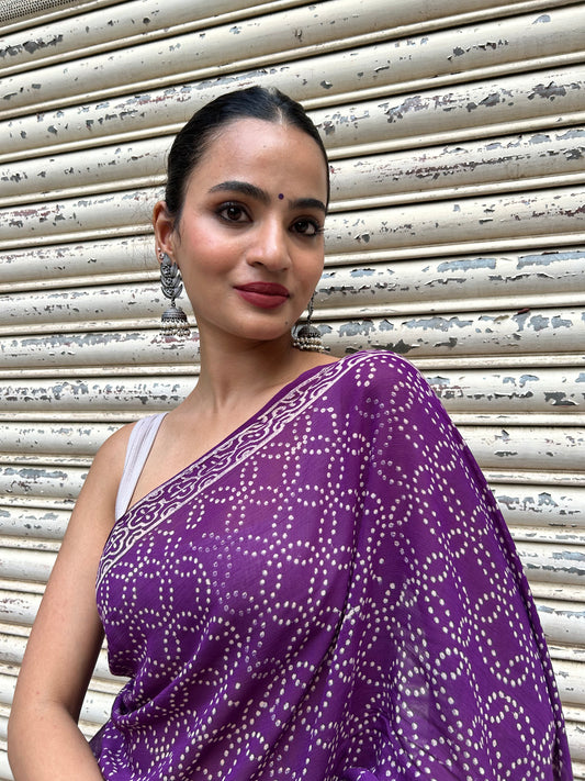 Violet Chiffon Handblock Print Saree