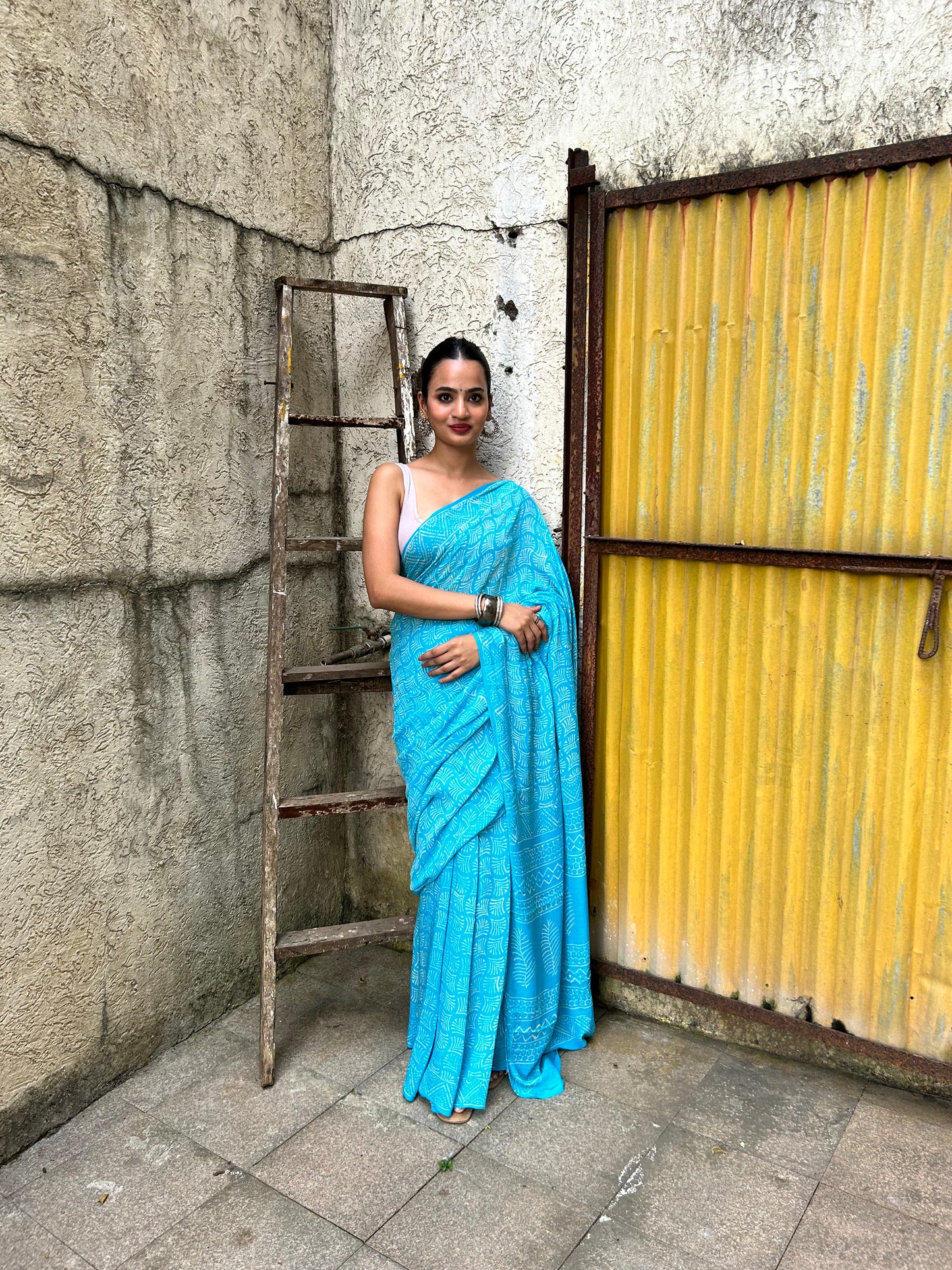 Aqua Blue Chiffon Handblock Print Saree