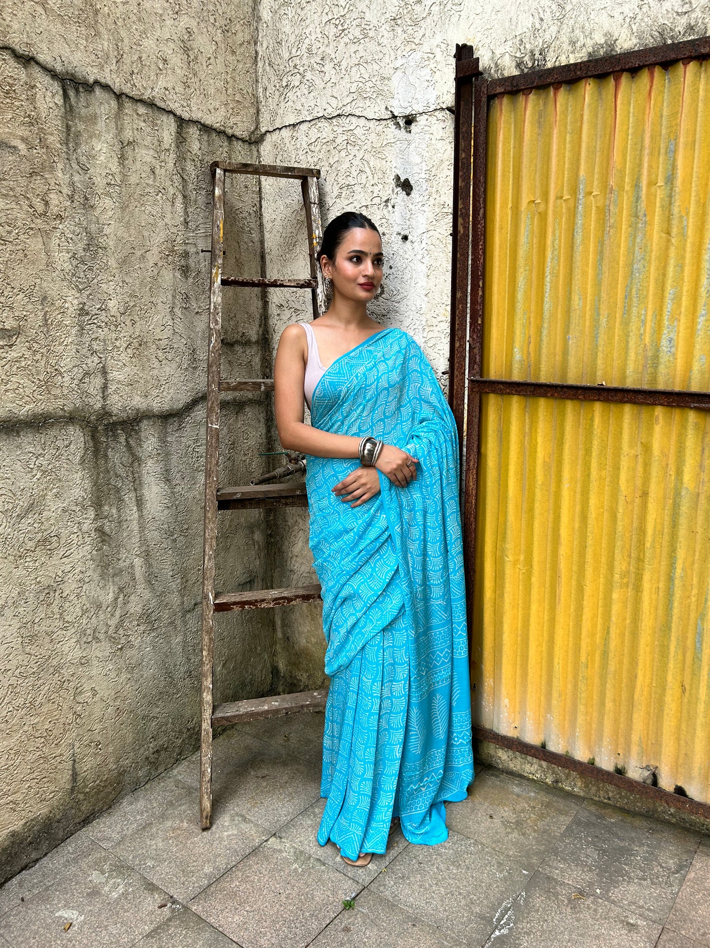 Aqua Blue Chiffon Handblock Print Saree