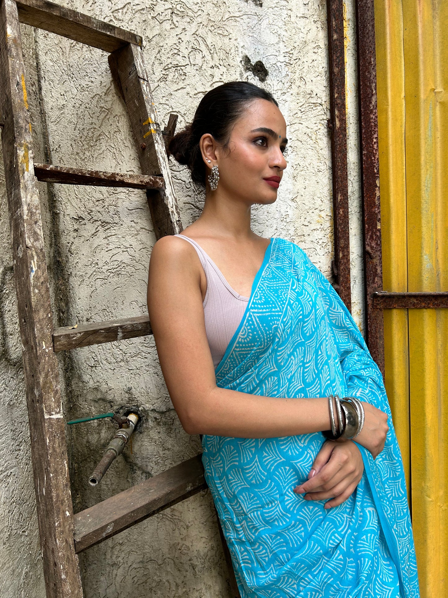 Aqua Blue Chiffon Handblock Print Saree