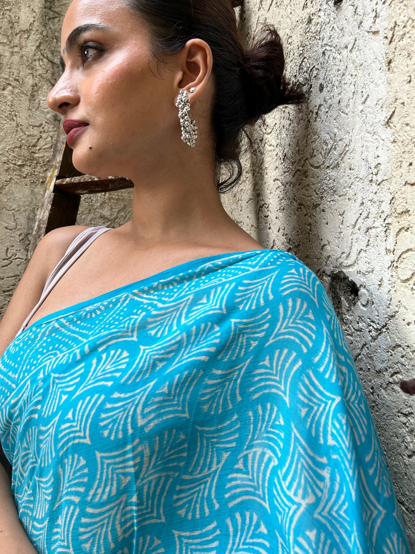 Aqua Blue Chiffon Handblock Print Saree