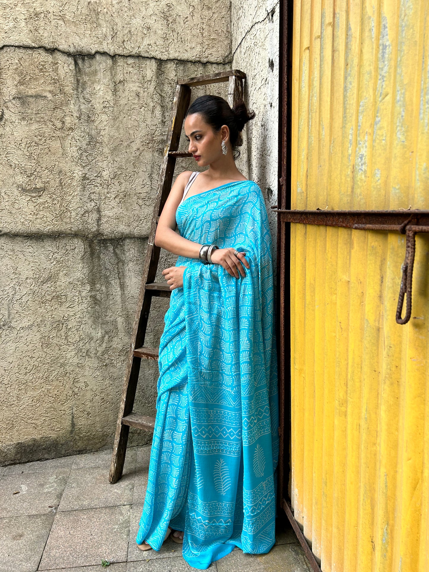 Aqua Blue Chiffon Handblock Print Saree