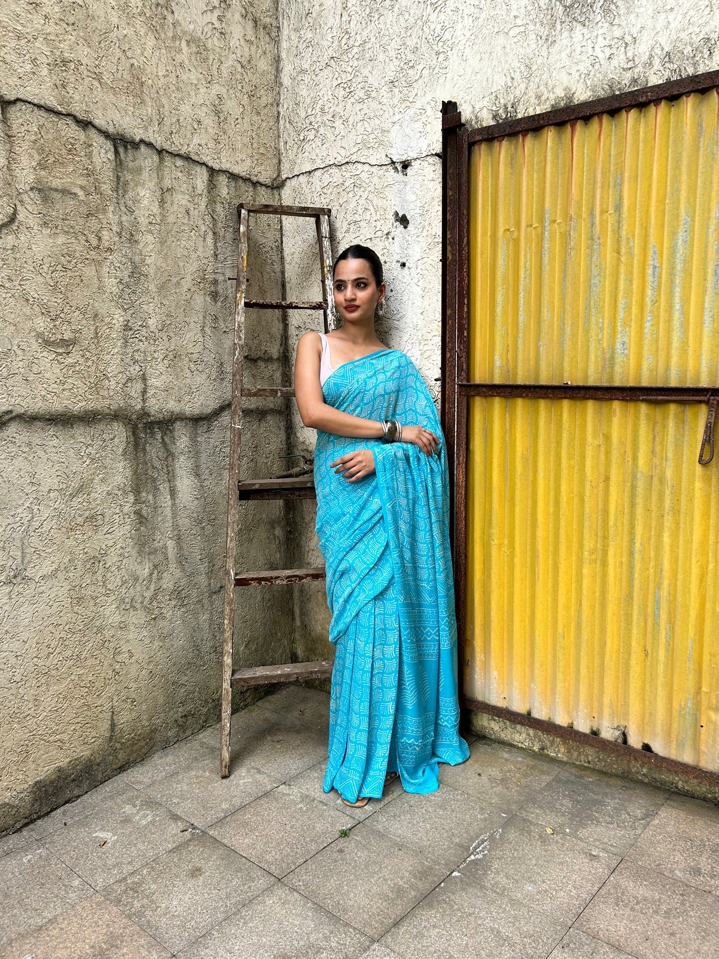 Aqua Blue Chiffon Handblock Print Saree