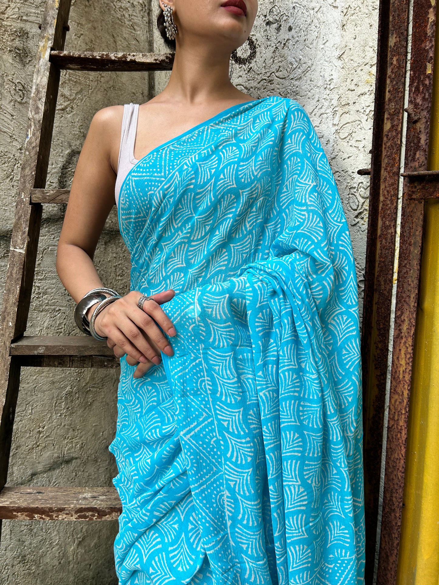 Aqua Blue Chiffon Handblock Print Saree