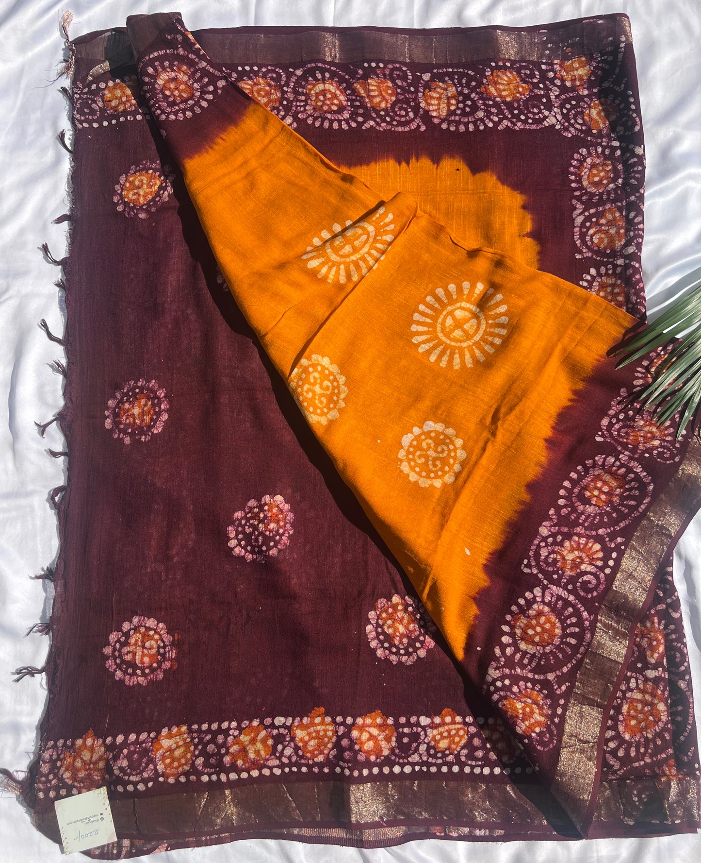 Turmeric Yellow & Cocoa Brown Batik Print Bhagalpur Linen Saree