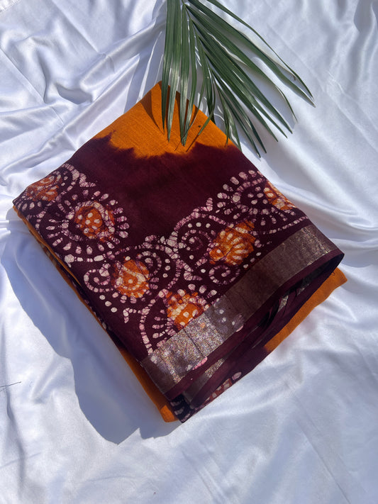 Turmeric Yellow & Cocoa Brown Batik Print Bhagalpur Linen Saree