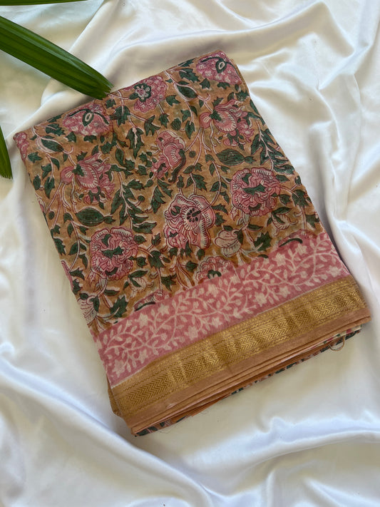 Beige & Baby Pink Maheshwari Cotton Silk Saree