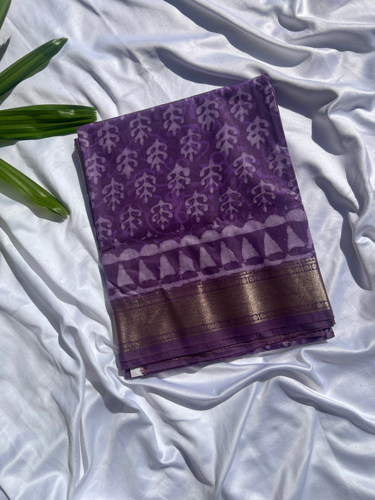 Orchid Purple Maheshwari Art Silk Dabu Block Print Saree