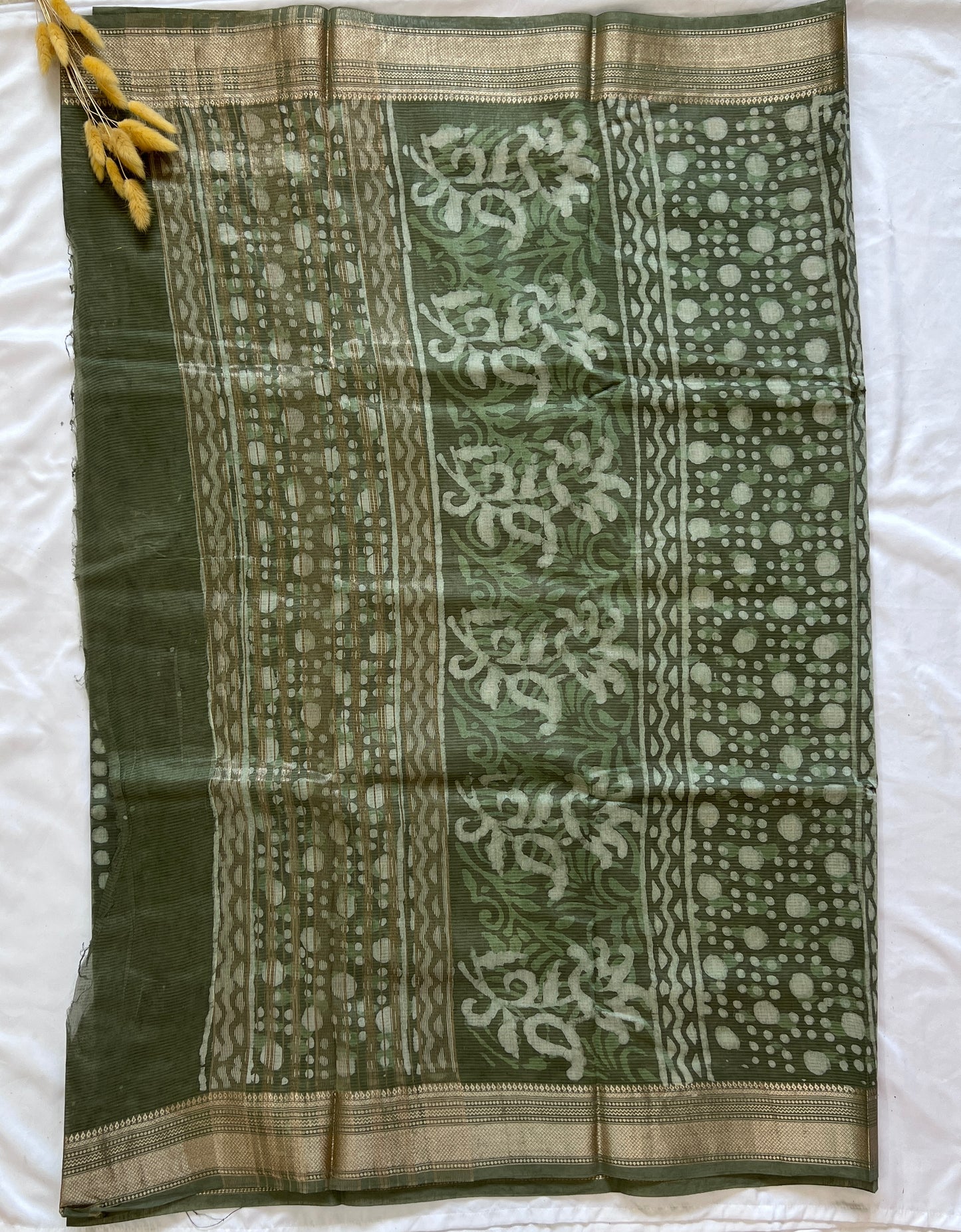 Army Green Maheshwari Art Silk Dabu Block Print Saree