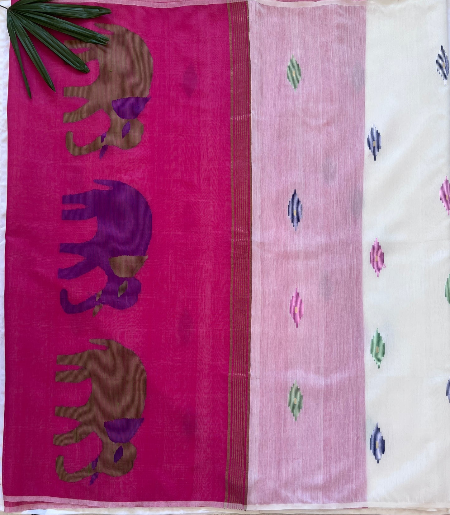 Ruby Pink and White Cotton Silk Thread work Saree