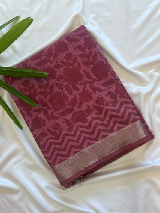 Onion Pink Art Linen Dabu Block Print Saree