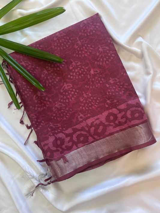 Onion Pink Art Linen Dabu Block Print Saree