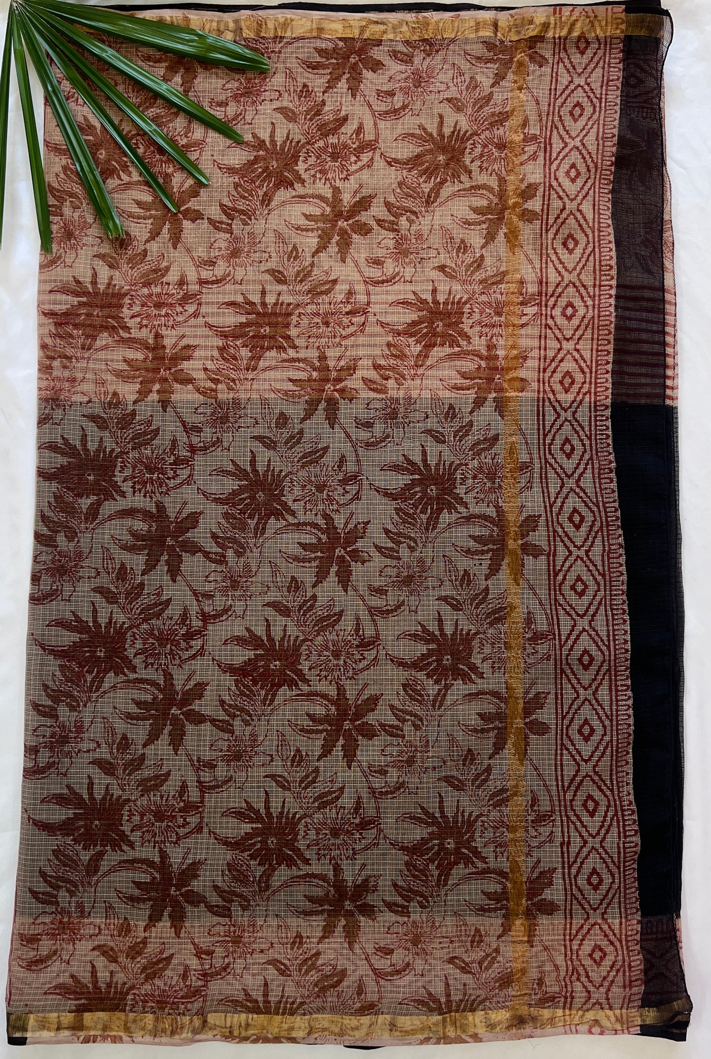 Black and Rustic Red Kota Doria Handblock Print Saree