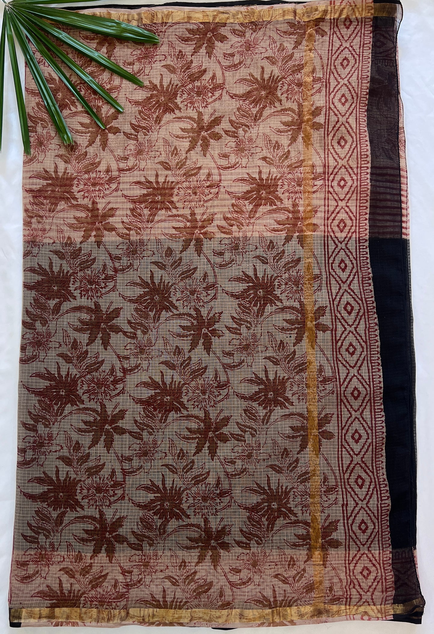 Black and Rustic Red Kota Doria Handblock Print Saree