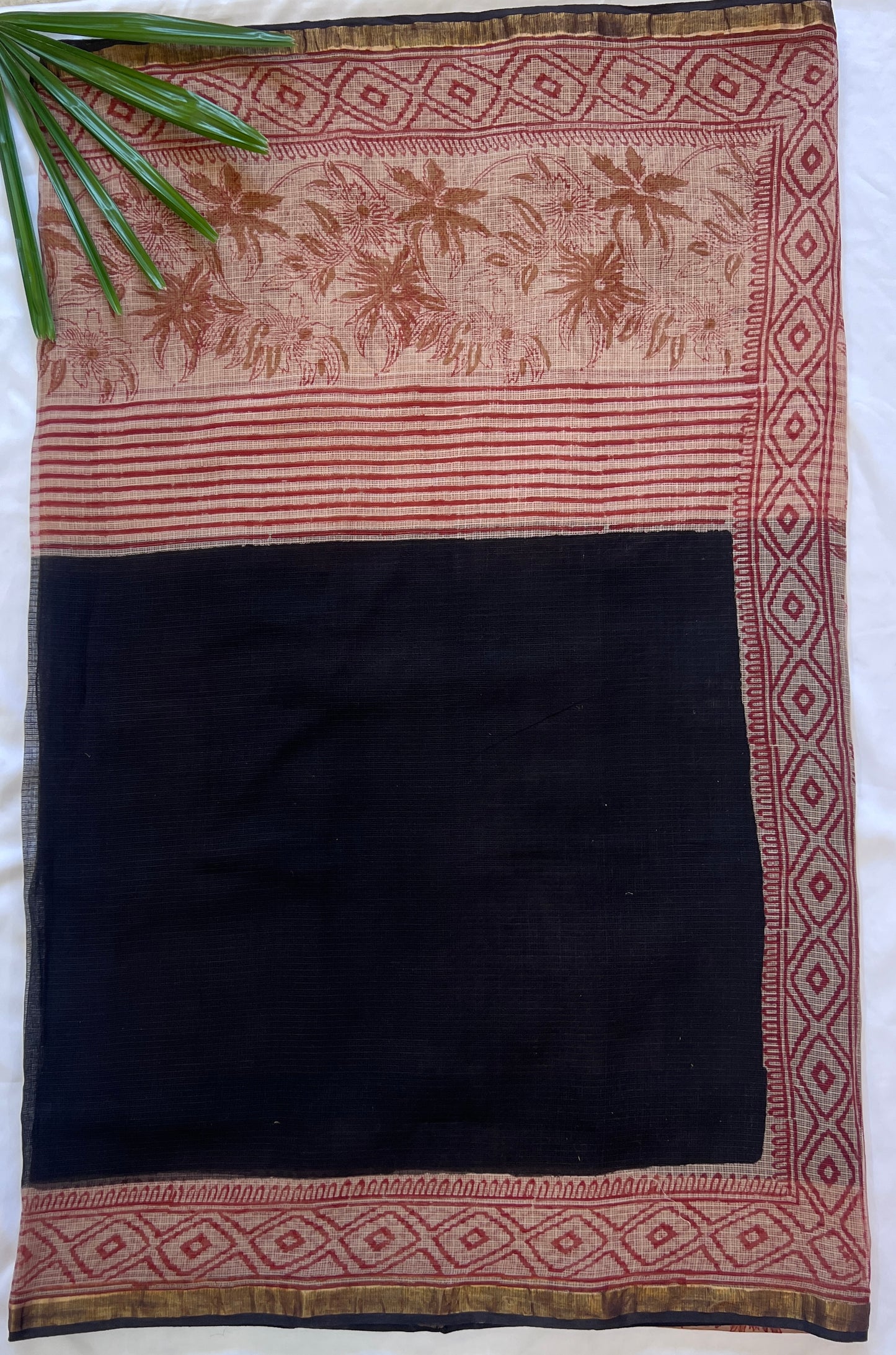 Black and Rustic Red Kota Doria Handblock Print Saree