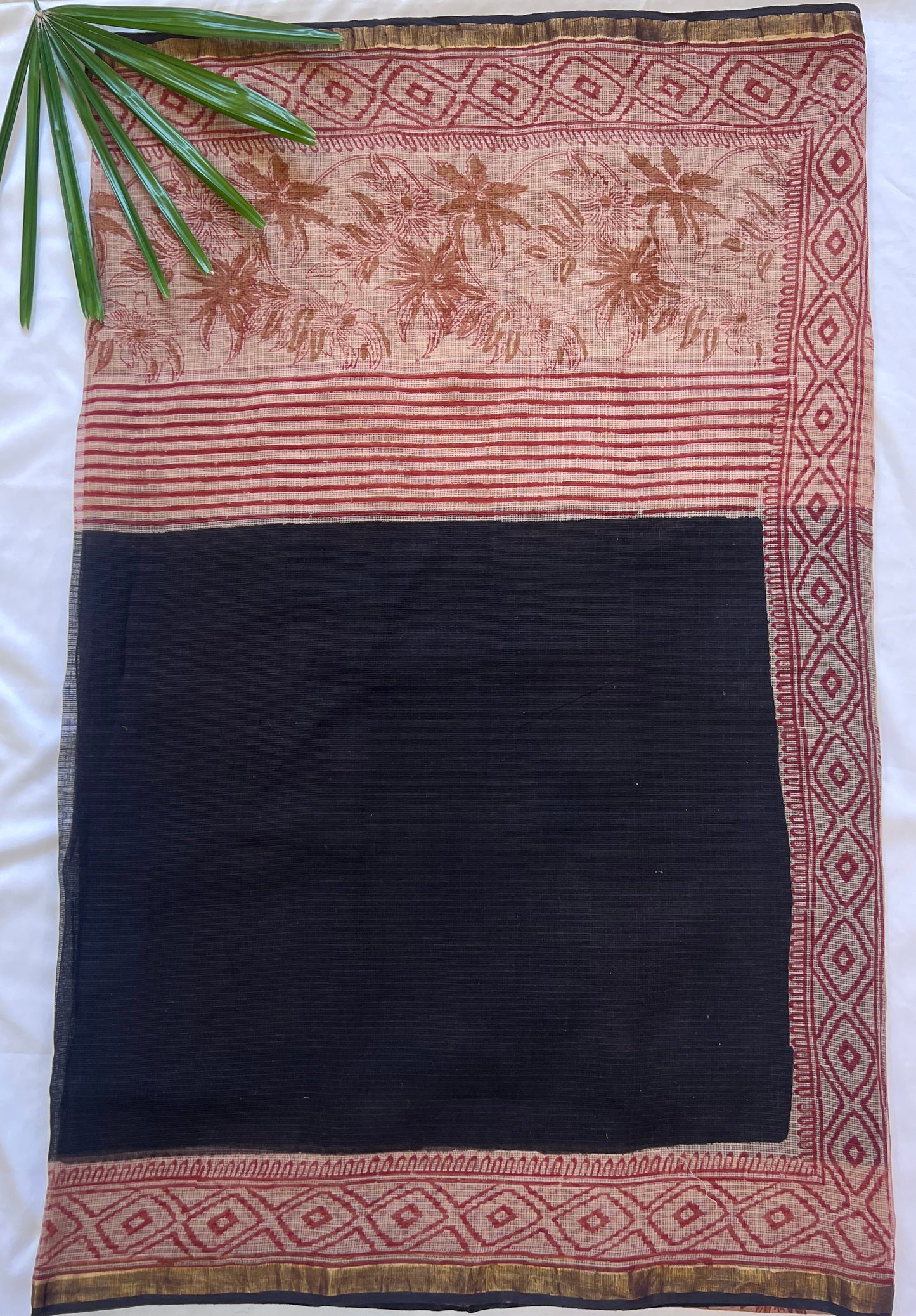 Black and Rustic Red Kota Doria Handblock Print Saree