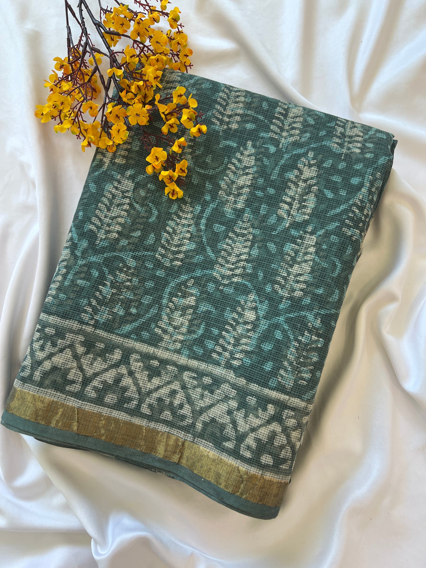 GO GO Green Kota Doria Handblock Print Saree