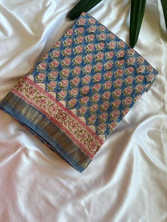 Light Denim Blue & Baby Pink Maheshwari Cotton Silk Saree